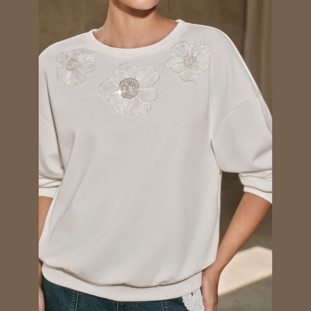 Ivory Beaded Floral Applique Drop Shoulder Crew Neck Sweatshirt